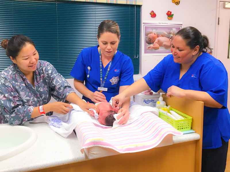 Mel Traill & Narelle Brown with new mother Tungalag Buyanjargal & her 16-hour-old baby girl
