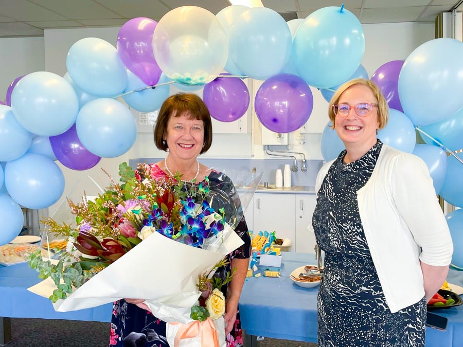 Helen Jarman and Helen McCarthy celebrating Helen’s long-standing career over morning tea