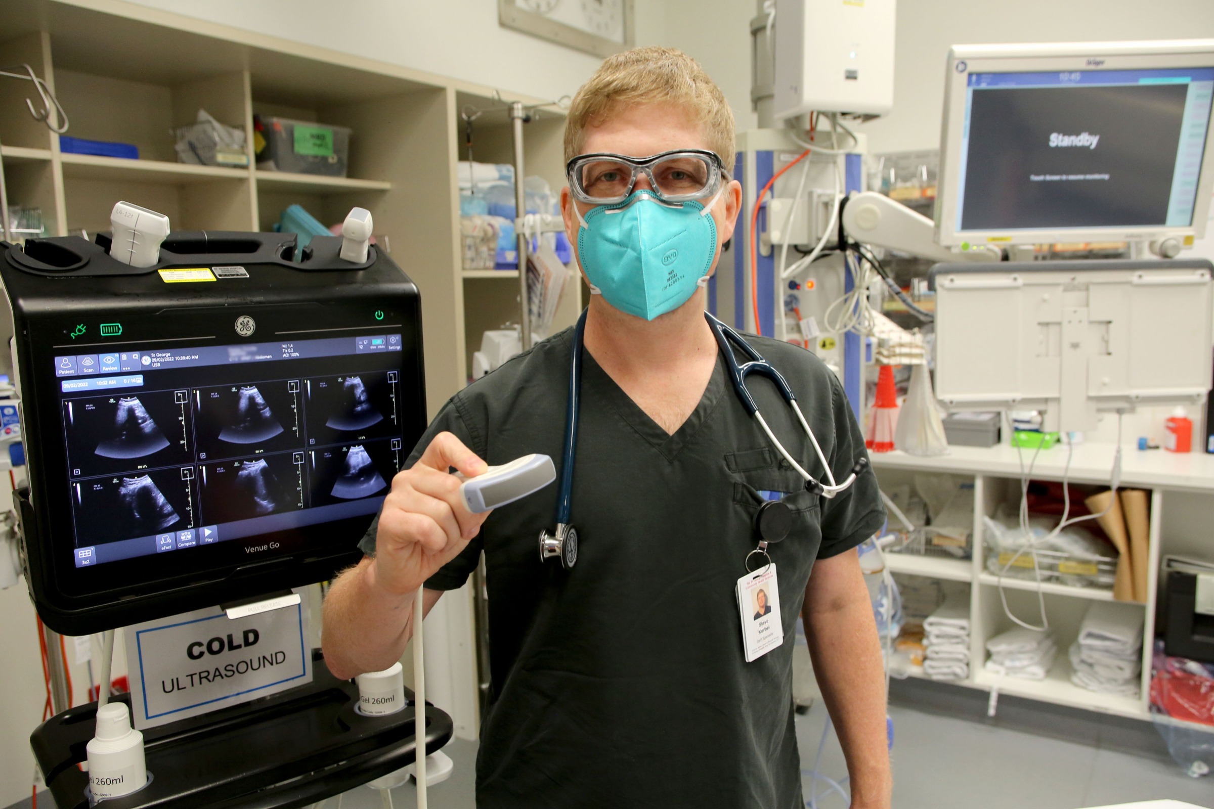 Dr Steve Korbel with the new ultrasound machine in St George Hospital’s Emergency Department.