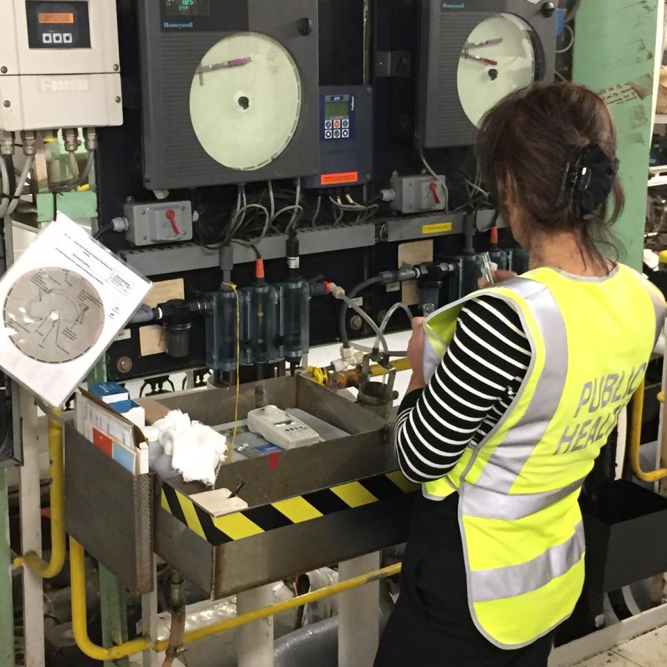 Public health officer inspecting cruise ship. The Vessel Inspection Program involves environmental health inspections of those cruise ships that enter NSW ports, which we deem to be at high priority.