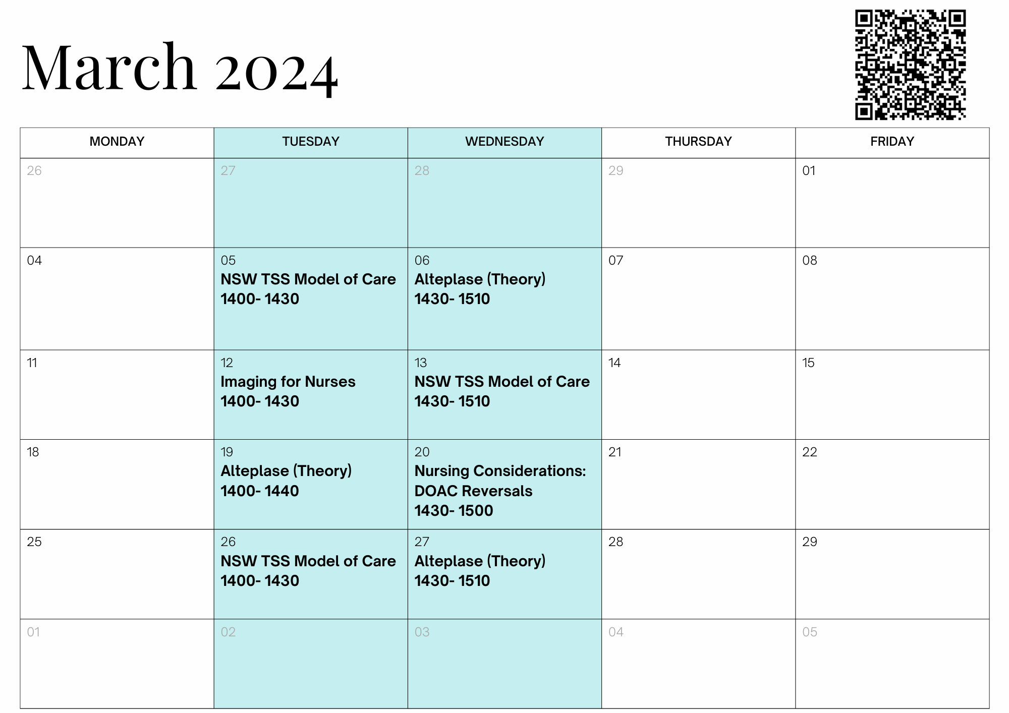NSW TSS Nursing Education Calendar March 2024