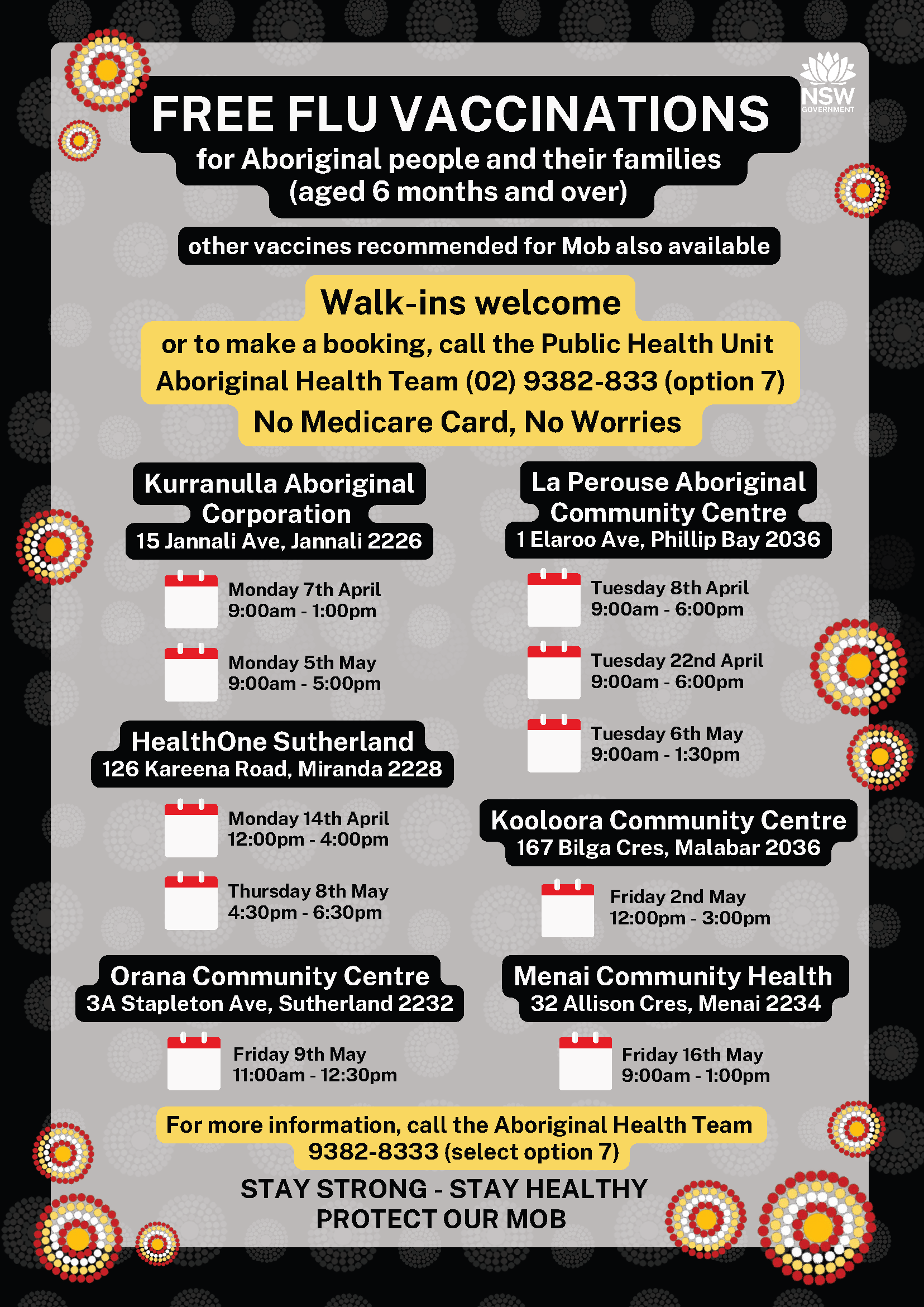 Image with dates and locations of free Aboriginal flu vaccination clinics