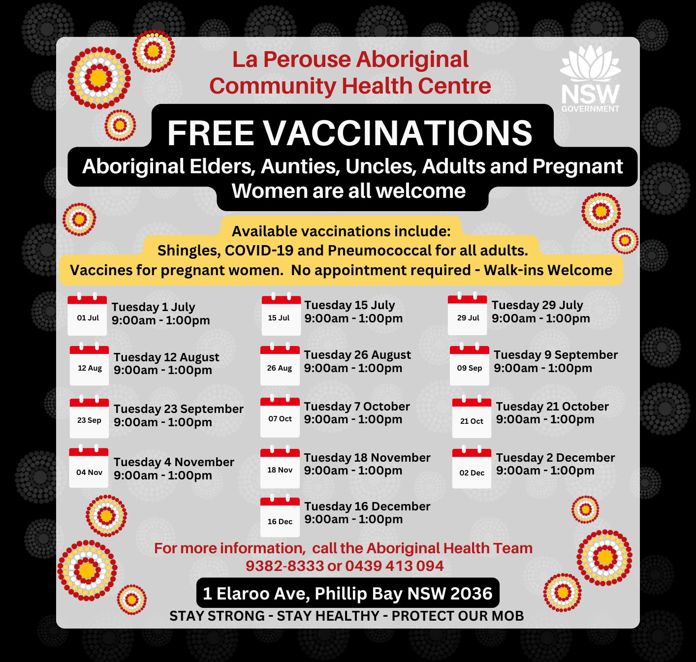 Image with dates and locations of free Aboriginal vaccination La Perouse clinics