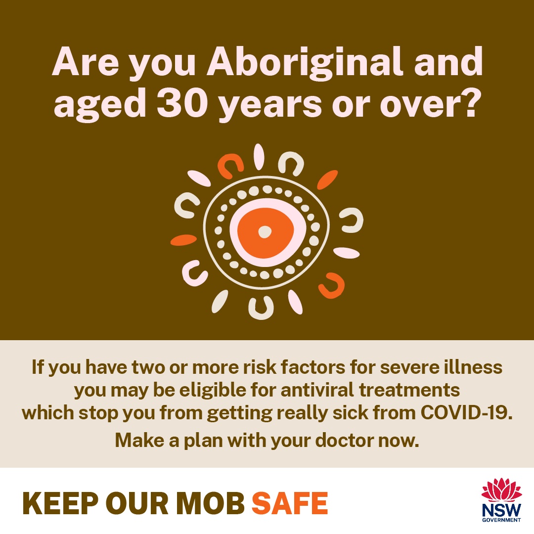 Are you Aboriginal and aged 30 years and over?  If you have two or more risk factors for severe illness, you may be eligible for anitviral treatments which stop you from getting really sick from COVID-19.  Make a plan with your doctor now.
